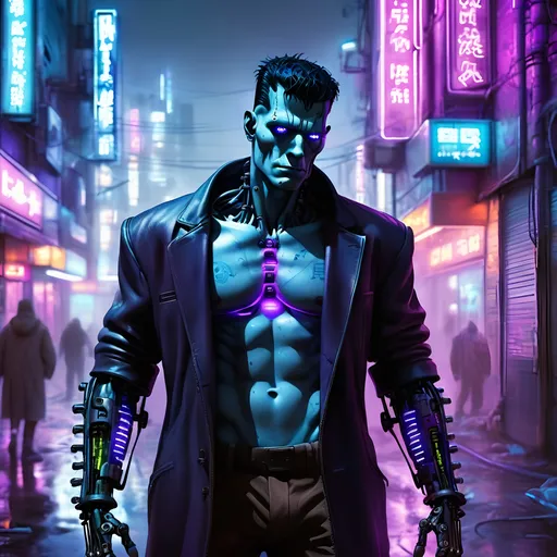Prompt: Cyberpunk Frankenstein with technological modifications, futuristic setting, high-tech enhancements, neon-lit cityscape, detailed robotic limbs, intense and haunting gaze, electric blue and neon purple tones, gritty urban atmosphere, highres, ultra-detailed, cyberpunk, futuristic, detailed robotic limbs, haunting gaze, electric blue tones, neon purple tones, gritty atmosphere, high-tech enhancements