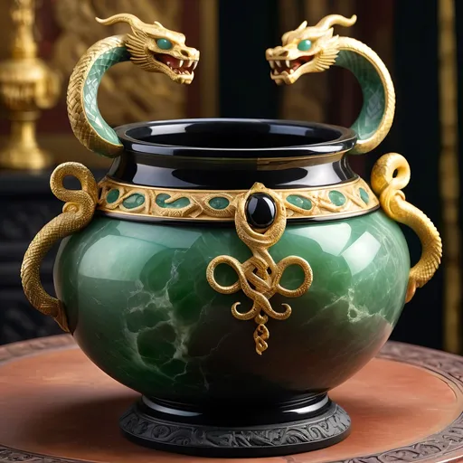 Prompt: Onyx and jade pot, gold serpent handles, ancient mystical artifact, detailed carvings, luxurious material, high quality, fantasy, antique style, rich green and black tones, dramatic lighting, intricate details