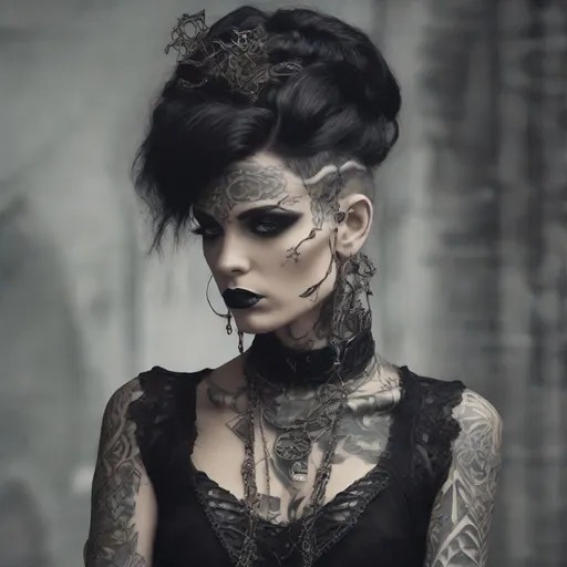 Prompt: 
A fierce and unique gothic woman with a dark aura, her body adorned with intricate tattoos and her clothing a mix of leather and lace. Her hair is styled in a dramatic updo, with hair jewelry adding to her striking appearance.