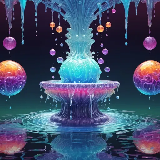 Prompt: Four-way glowing crystal fountain, dancing spheres, colorful slime, zen tangle art style, highres, vibrant colors, detailed patterns, glowing effects