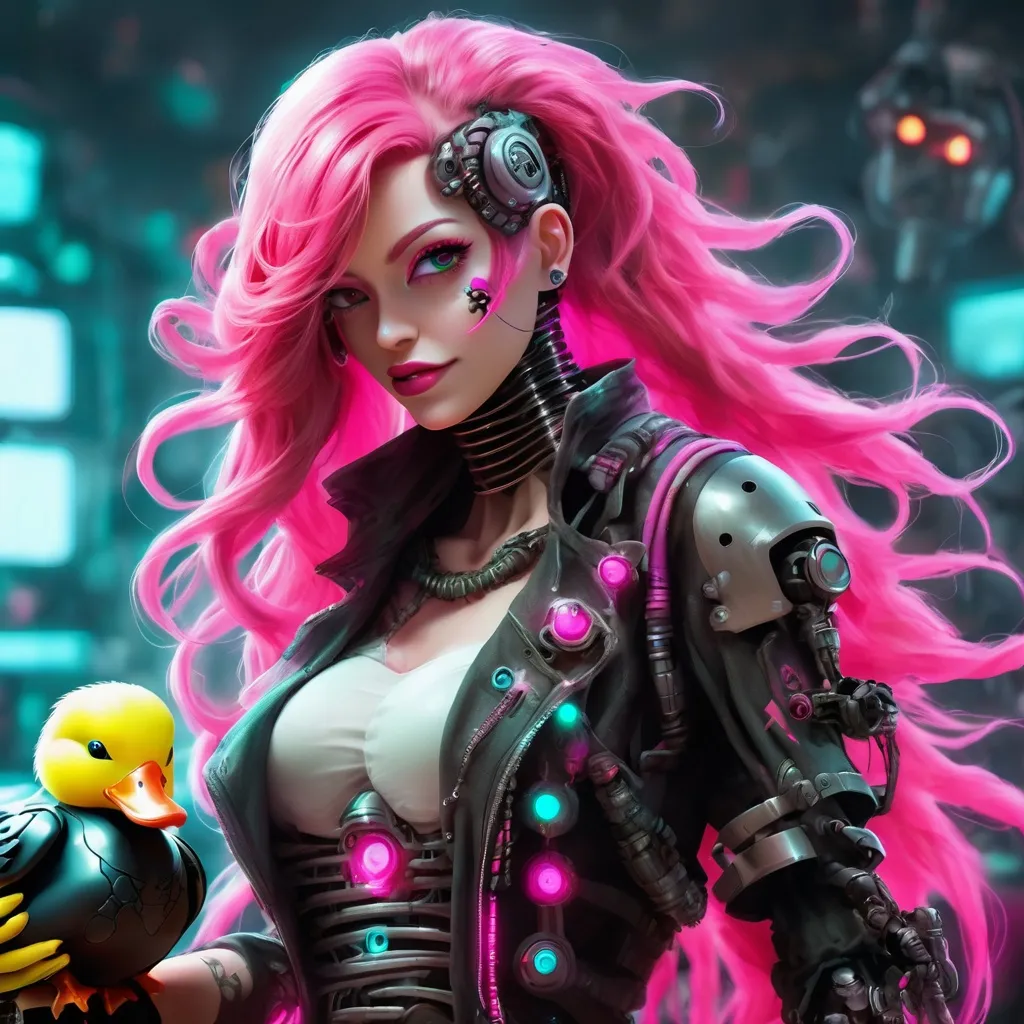 Prompt: Beautiful cybernetic female pirate with long neon pink hair that glows. Put a small robotic duck in the background.