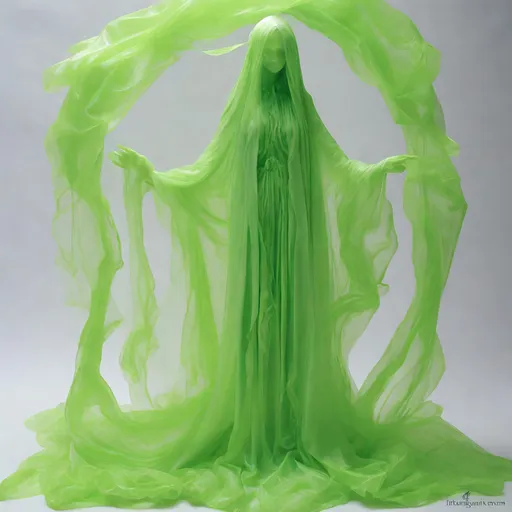 Prompt: Lime green Poltergeist ghostly figures, silouet plastic, slumped/draped, xiaofei yue, hurufiyya, in the style of ethereal calm and serene beauty, mysterious beauty, wrappedbio-art, Artgerm 