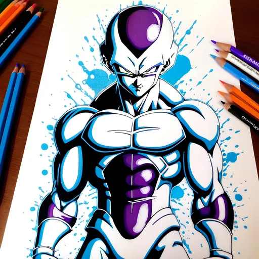 Prompt: splattering sisyphean sketch  of Frieza for dragonball, rohrschach color pencil, 💃🌹, screenprint, holographical dripping ink, etched risograph hatched lines art, art by ChrisWaikikiAI 