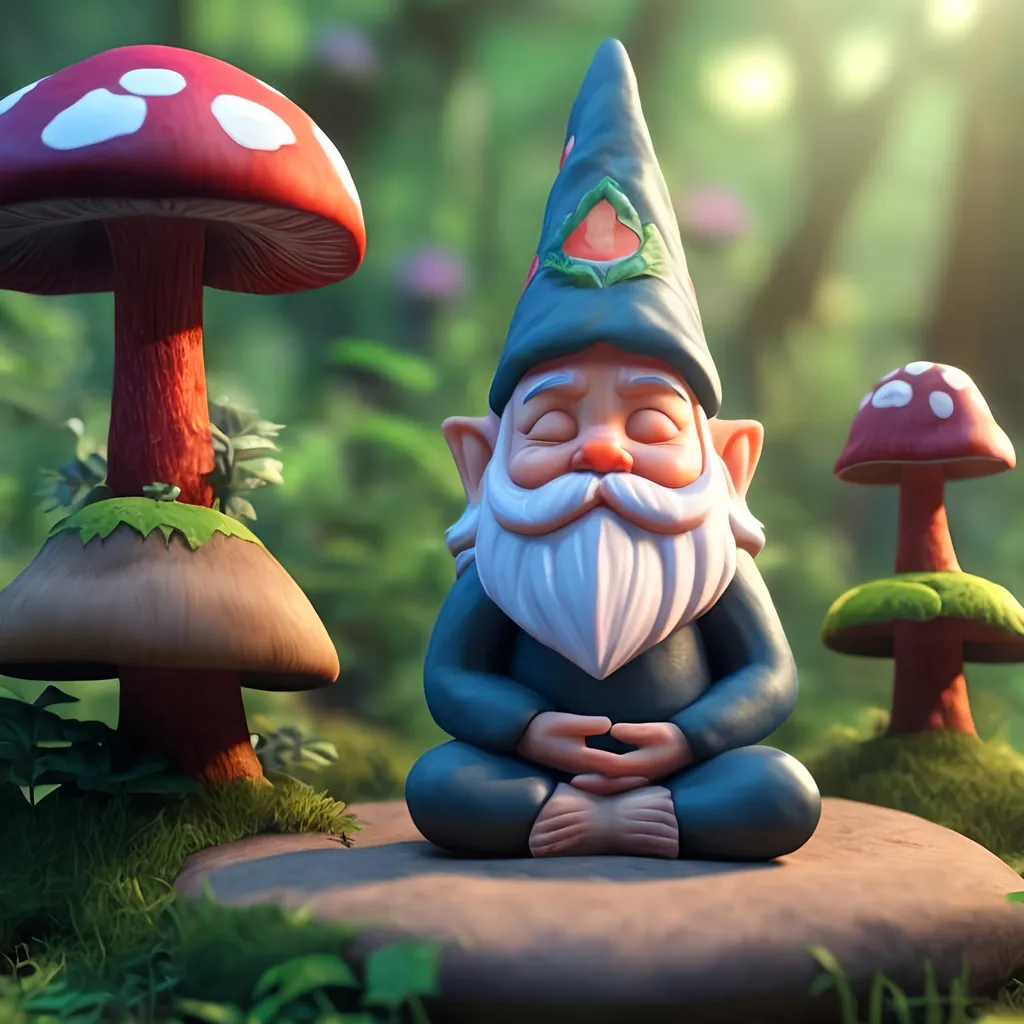 Prompt: a gnome meditating to expand his third eye. He sits criss-cross apple sauce on top of a large mushroom
