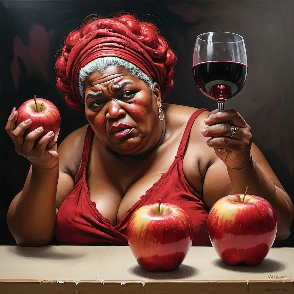 Prompt: Big Mama Bertha, Final Rage of Court Case, Flowing red Sadness, Wine of Anarchy, red apples by Daniel Overwall