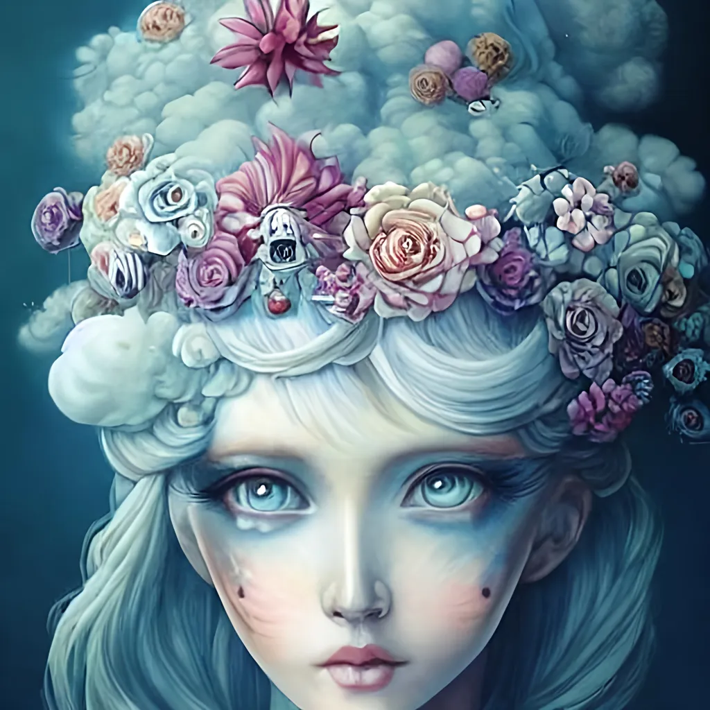 Prompt: Camilla D'Errico art, realistic painted still life beautiful flowers by ambrosius bosschaet!!!!!, fluffy cotton candy clouds, bnicoletta ceccoli, daniel merriam art, jennifer healey art, fantasy art, cotton candy dreams, cracked clock pieces floating in sky, floating spiral staircase, crystal chandelier drops, beautiful symmetrical face, perfect facial features, beautiful cracked porcelain face, renaissance gown, bubbles floating in the sky, iridescent water drops,  fairy dreams, glitter sparkles, michael parks style, daniel merriam art, hyper realistic flower bouquet painting,  soft shadows, stunning, dreamy, elegant, perfect face, sparkles, Beautiful goddess, Haute Couture, princess dress, joseph karl steiler art, tim burton style, muted colors, fairy wings, symmetrical steampunk, muted colors, fairy wings, architecture illustrations 1800s, garden of roses and peonies background, ultra detailed, soft lighting, infinite depth, incredibly detailed, ultra realistic, high index of refraction, hyper realistic elegant smooth sharp clear edges, wide angle perspective, ultra realistic, sense of high spirits, volumetric lighting, occlusion, Unreal Engine 5 128K UHD Octane, fractal, pi, fBm