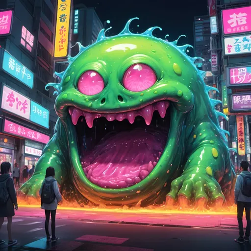 Prompt: Anime illustration of a vibrant slime monster, bright and vivid colors, urban Tokyo street setting, oozing texture, detailed gooey substance, playful and mischievous expression, neon-lit cityscape, high quality, anime, vibrant colors, ooze, Tokyo street, detailed texture, mischievous expression, urban setting, neon lights, highres, playful