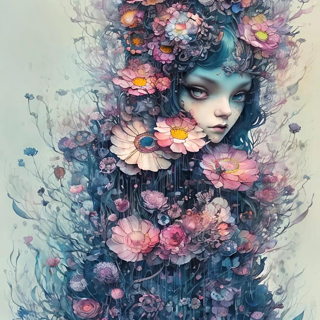 Prompt: Rain of flowers at a night City art by Art by caia Koopman,Takashi Murakami, Agnes Cecile, sascalia, Anselm Kiefer, catrin welz-stein, endre penovac. Highly detailed, intricate, crossed colors, beautiful, high definition, fantastic view. 3d, iridescent Watercolors and Ink, intricate details, volumetric lighting. 