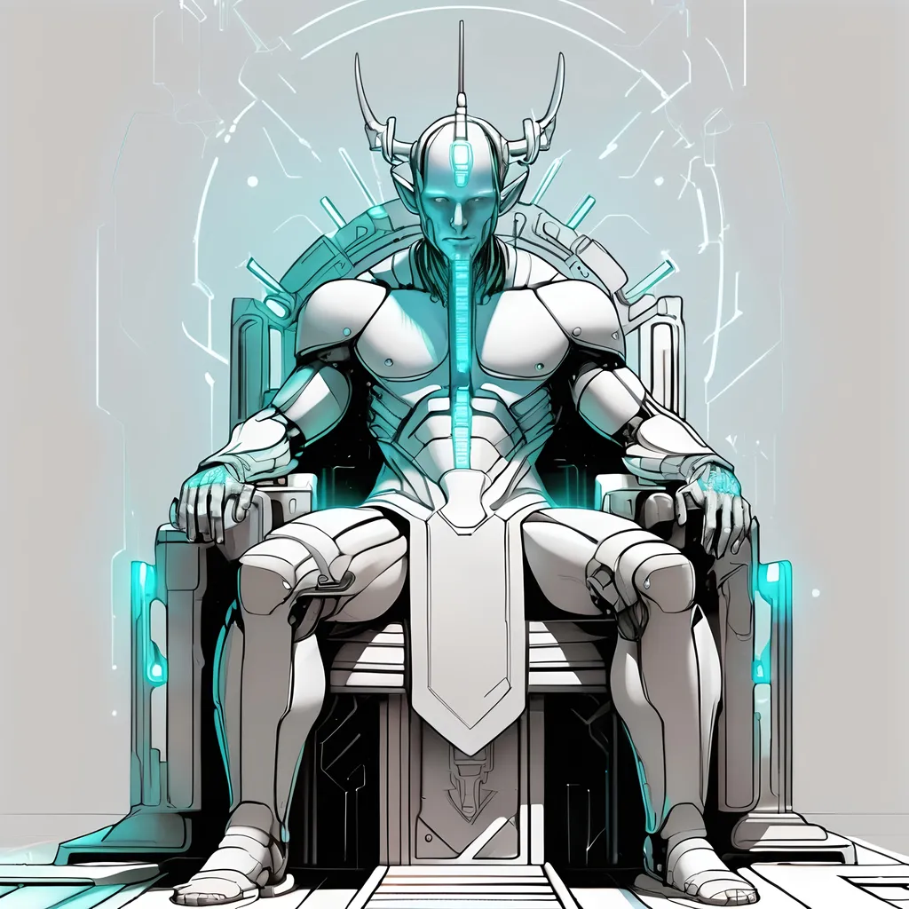 Prompt: aethereal cyber god, futuristic, luminescent, sitting on cyber throne, fine line drawing