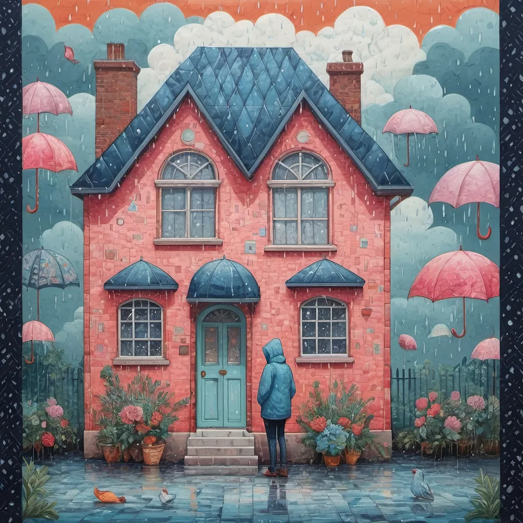 Prompt: waiting for you in the rain He will return like in a dream Bad dream Will let us be close to each other But the dream flew away His heart changed Only you are left with your ambiguous love , in the style of hot vs cold folk art-inspired isometric , bold patterned quilts, pastel colours, bloomcore, mixes painting and ceramics, precise, detailed architecture paintings, cute and dreamy, illustration by Olivia Gibbs, Francois boucher, Animorphia - Kerby Rosanes, Victoria Ball, ugly sweater patchwork 