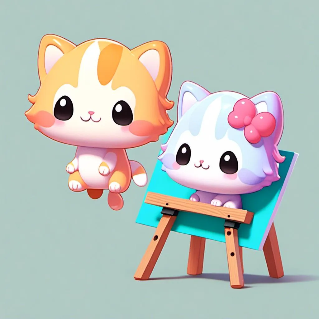 Prompt: <mymodel> a 3d render of kawaii kitten painting on an easel. 