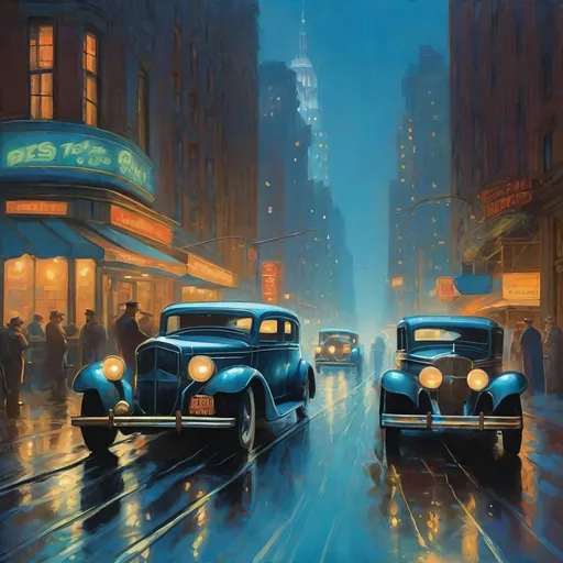 Prompt: 1930s, downtown New York at night, neon, car chase, rain, fog, cold blue atmosphere, cartoony style, extremely detailed painting by Greg Rutkowski and by Henry Justice Ford and by Steve Henderson 

