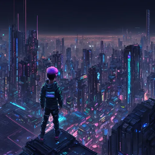 Prompt: High-res futuristic digital art of a cyberpunk kid sitting on a high overlook at night, overlooking an extremely large cyberpunk metropolis city, futuristic skyscrapers in the background, moody atmosphere, intense warm neon lighting, detailed urban setting, cyberpunk, futuristic, high-tech, night time, city lights, cybernetic enhancements, highres, ultra-detailed, digital art, intense gaze, atmospheric lighting, professional