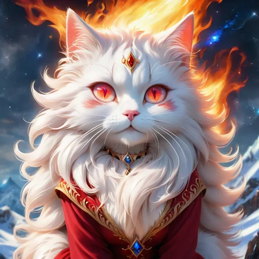 Prompt: wizard cat with {white fur} and {ruby red eyes}, senior female cat, fire element, flame, Erin Hunter, gorgeous anime portrait, beautiful cartoon, 2d cartoon, beautiful 8k eyes, elegant {red fur}, pronounced scar on chest, fine oil painting, modest, gazing at viewer, beaming red eyes, glistening red fur, low angle view, zoomed out view of character, 64k, hyper detailed, expressive, timid, graceful, beautiful, expansive silky mane, deep starry sky, golden ratio, precise, perfect proportions, vibrant, standing majestically on a tall crystal stone, hyper detailed, complementary colors, UHD, HDR, top quality artwork, beautiful detailed background, unreal 5, artstaion, deviantart, instagram, professional, masterpiece