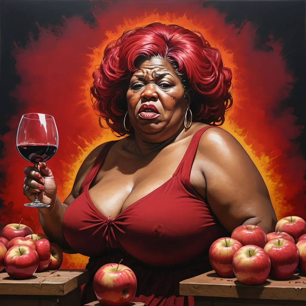 Prompt: Big Mama Bertha, Final Rage of Court Case, Flowing red Sadness, Wine of Anarchy, red apples by Daniel Overwall