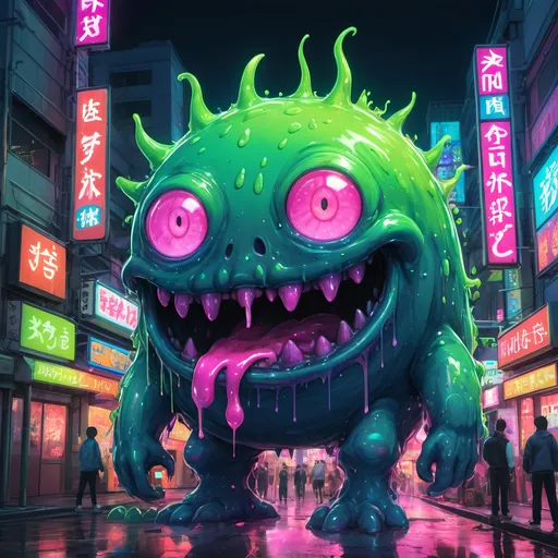 Prompt: Anime illustration of a vibrant slime monster, bright and vivid colors, urban Tokyo street setting, oozing texture, detailed gooey substance, playful and mischievous expression, neon-lit cityscape, high quality, anime, vibrant colors, ooze, Tokyo street, detailed texture, mischievous expression, urban setting, neon lights, highres, playful