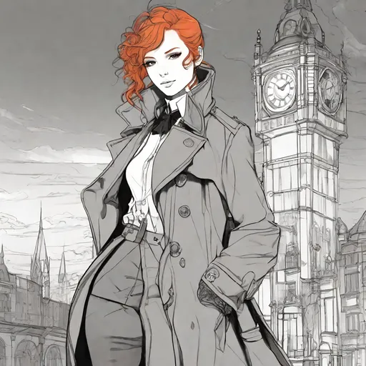 Prompt: Line drawing, concept art, red, anime, trench coat, ginger, flame hair, steampunk, victorian, sci-fi, very detailed character, backlight, backlit