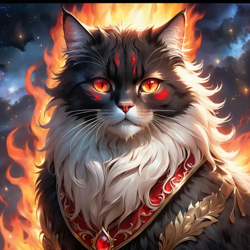 Prompt: warrior cat with {black fur} and {ruby red eyes}, senior male cat, fire element, flame, Erin Hunter, gorgeous anime portrait, beautiful cartoon, 2d cartoon, beautiful 8k eyes, elegant {red fur}, pronounced scar on chest, fine oil painting, modest, gazing at viewer, beaming red eyes, glistening red fur, low angle view, zoomed out view of character, 64k, hyper detailed, expressive, timid, graceful, beautiful, expansive silky mane, deep starry sky, golden ratio, precise, perfect proportions, vibrant, standing majestically on a tall crystal stone, hyper detailed, complementary colors, UHD, HDR, top quality artwork, beautiful detailed background, unreal 5, artstaion, deviantart, instagram, professional, masterpiece
