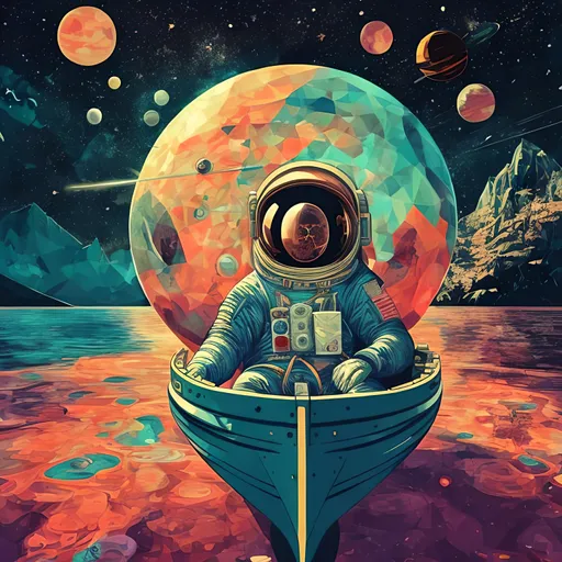 Prompt: An astronaut sitting in a wooden boat in dark space water, pop art, planets, vibrant lighting, elegant, highly detailed, smooth, sharp focus, illustration, beautiful, geometric, full body, cinematic, artwork by borovikovsky, pop art,