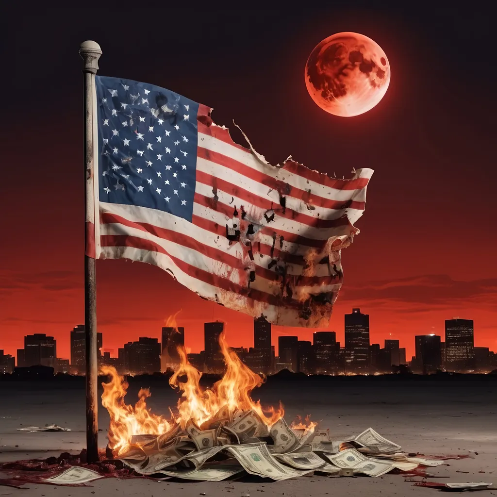 Prompt: A burning american tattered flag with dollar signs where the stars should be. The landscape is of a deserted city that is beginning to crumble. The Sky is a blood red and int the background the moon can be seen, smashed to bits.
