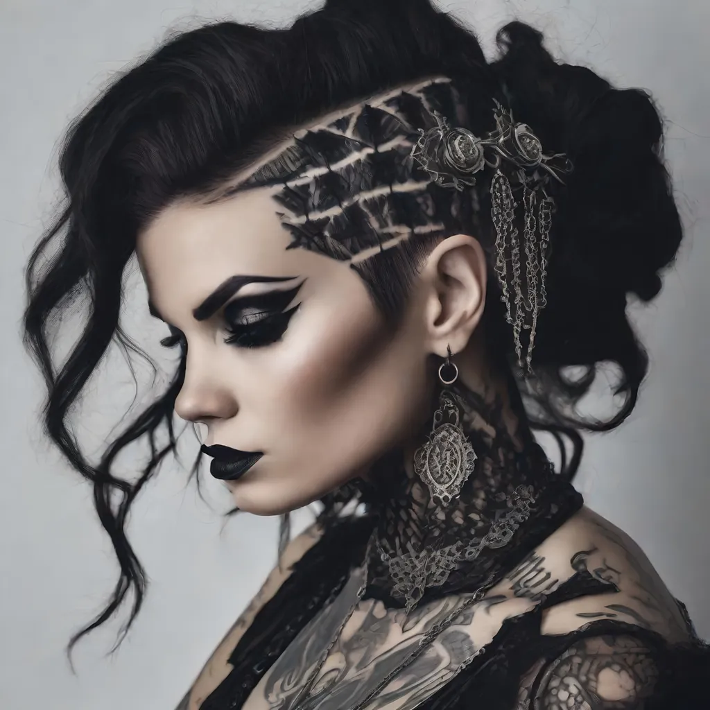 Prompt: 
A fierce and unique gothic woman with a dark aura, her body adorned with intricate tattoos and her clothing a mix of leather and lace. Her hair is styled in a dramatic updo, with hair jewelry adding to her striking appearance.