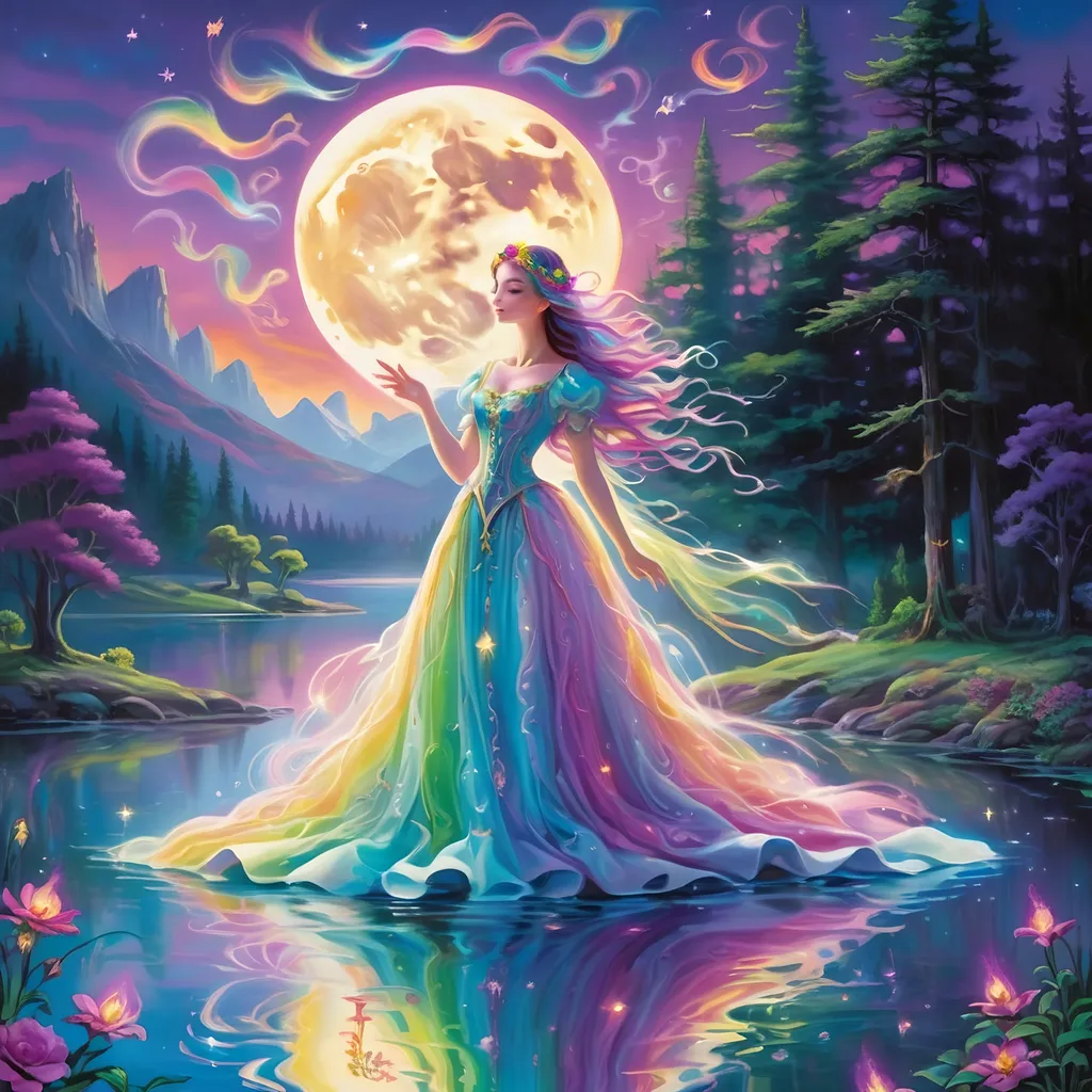 Prompt: Lisa Frank's style portrays a medieval legend where ethereal beings, illuminated as will-o'-the-wisps, dance around an ancient, moonlit lake. The scene is rich in romantic symbolism, with the will-o'-the-wisps depicted as delicate, ghostly figures. Their dance creates a mesmerizing pattern of light, leading the viewer's eye through the mystical, moonlit waterscape. 