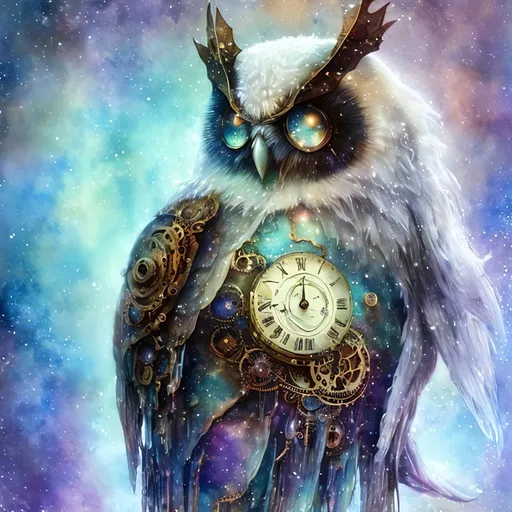 Prompt: ""<lora:Cosmic steampunk:1.0> Dreamy cloudy effect romantic very large white owl with icy snow background, sitting on a snow covered branch with icicles hanging from the branch, stylized, iridescent, intricate, fantastic, fantasia, fantasy, dreamy, watercolor, flared edges, beautiful bright white"