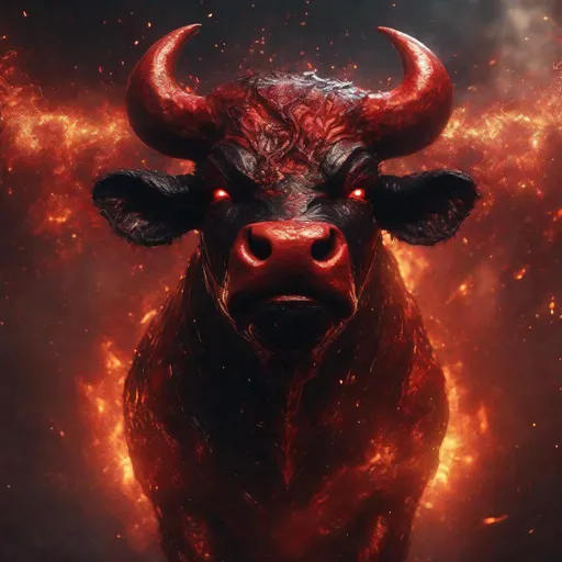 Prompt: A red and black dwarf bull humanoid made of the element fire in hell, highly detailed painting, photorealistic, sparkles, magical atmosphere, 8k