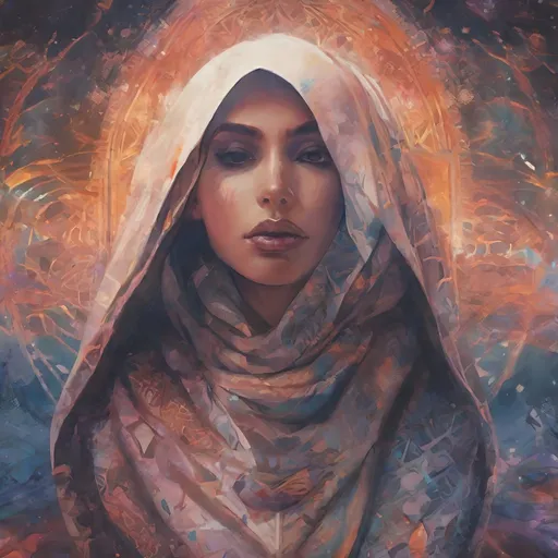 Prompt: Beautiful woman in hijab shooting galaxies from her eyes, digital illustration, cosmic atmosphere, intense gaze, flowing hijab with cosmic patterns, vibrant and dreamy, high quality, cosmic digital art, radiant colors, ethereal lighting