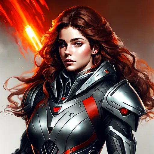 Prompt: lean Caucasian female with long curly brown hair and a scarred face, wearing silver biomechanical warframe armor. She is surrounded by glowing red mist. Behance HD, airbrush art