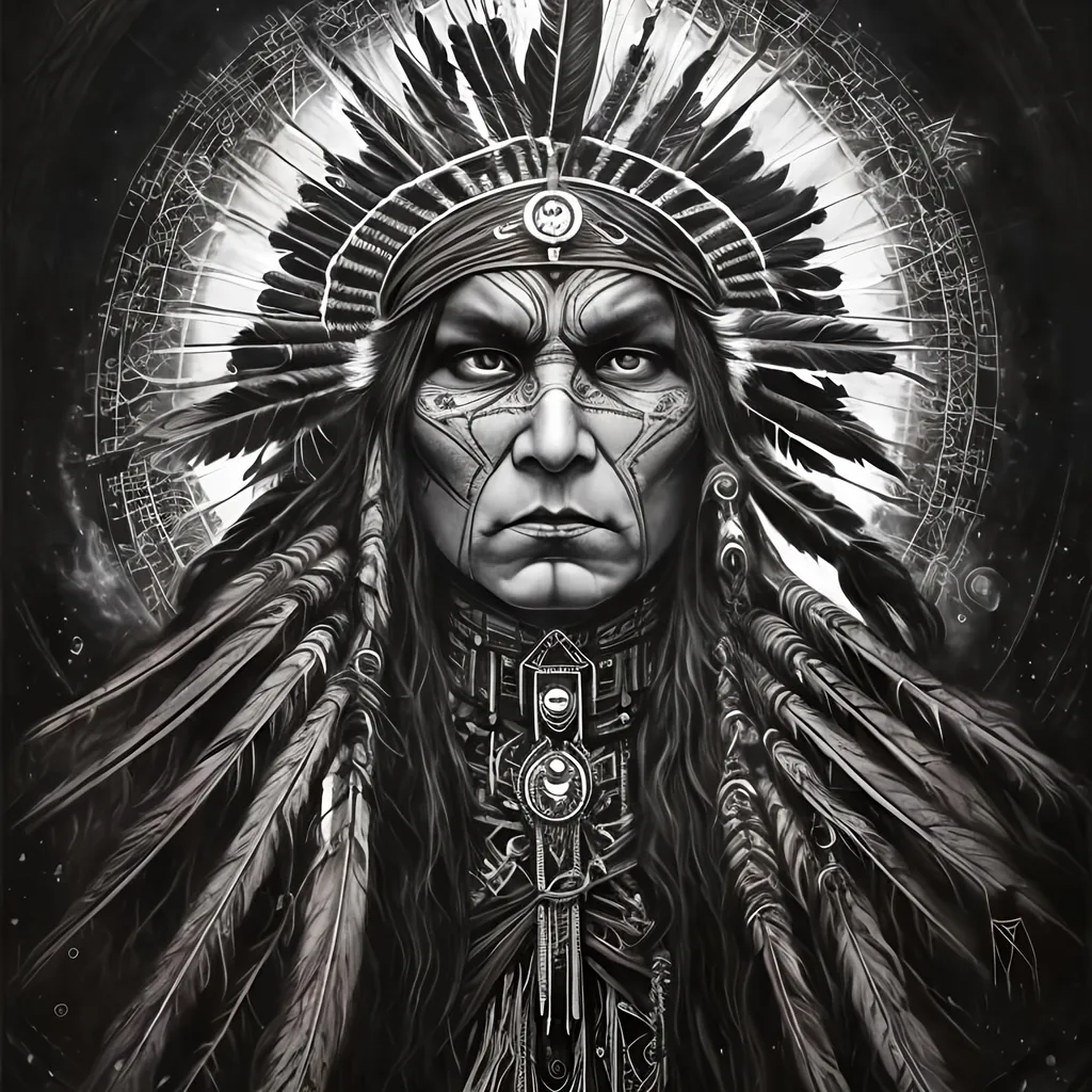 Prompt: Center, Divine, all-seeing native American, protector of all, symbolism, gothic painting, black and white, cosmic order, transcendence, detailed eyes, intricate symbolism, high res, ultra-detailed, gothic, cosmic, monochrome, intense gaze, majestic, atmospheric lighting