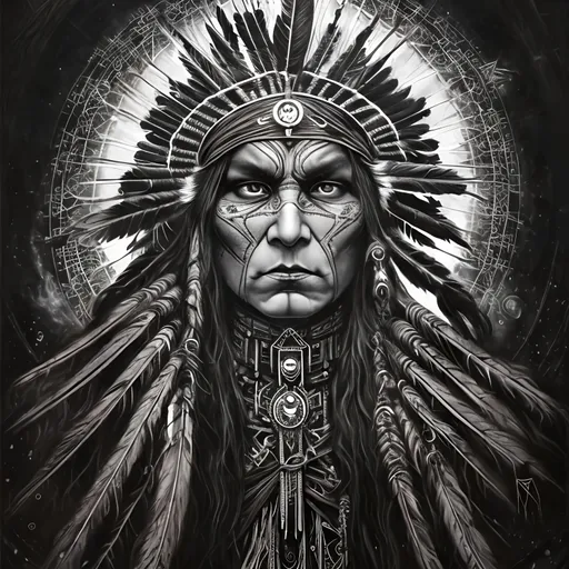 Prompt: Center, Divine, all-seeing native American, protector of all, symbolism, gothic painting, black and white, cosmic order, transcendence, detailed eyes, intricate symbolism, high res, ultra-detailed, gothic, cosmic, monochrome, intense gaze, majestic, atmospheric lighting