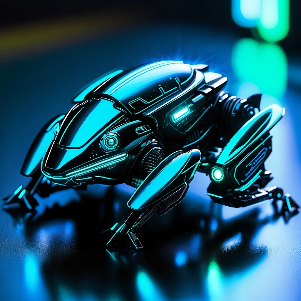 Prompt: Tiny frog mech, metallic and sleek design, futuristic sci-fi style, intense light blue and black color scheme, sparkling neon lights, miniature scale, highres, ultra-detailed, sci-fi, futuristic, metallic sheen, intense color scheme, miniature scale, neon lights, detailed design, professional, atmospheric lighting