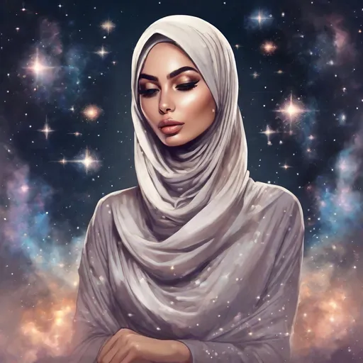 Prompt: beautiful woman in hijab exhaling smoke in the form of stars and galaxies.