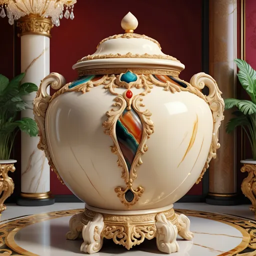Prompt: Giant onyx and ivory pot, high-detail 3D rendering, opulent and luxurious, vibrant colors and rich textures, ornate design, treasure-filled, ornamental, grand and majestic, extravagant, exquisite lighting