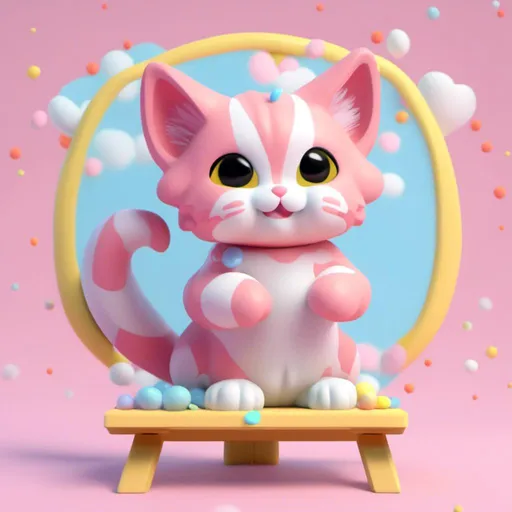 Prompt: <mymodel> a 3d render of kawaii kitten painting on an easel. 