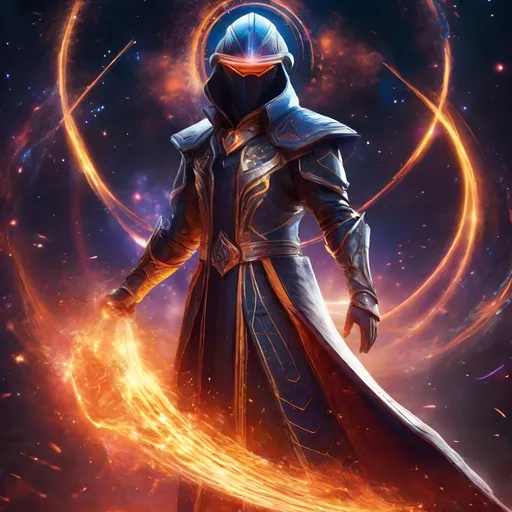 Prompt: Futuristic battle mage with faceless visor and fire magic, astral sorcerer, fireworks background, highres, futuristic, detailed visor, mystical, intense fire effects, cosmic colors, sorcery, magical, futuristic lighting