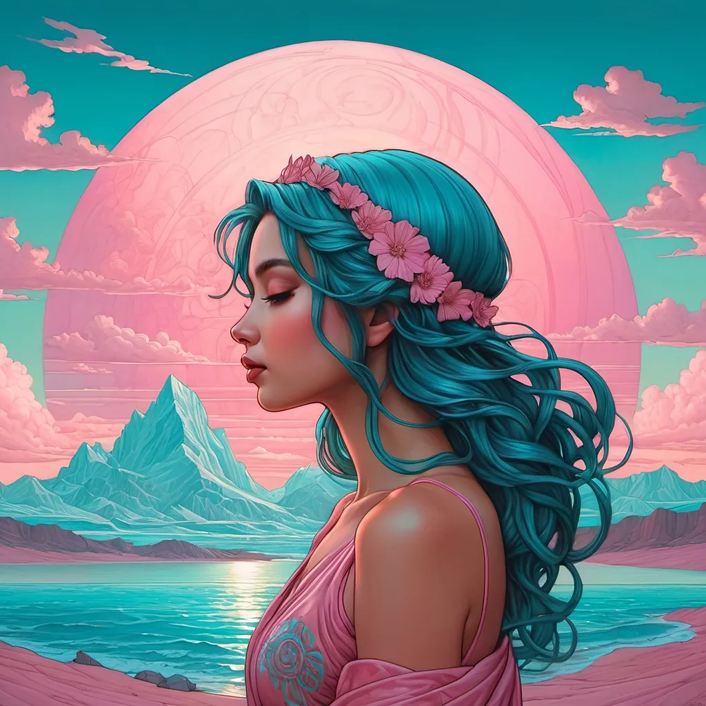 Prompt: muted pink sky and blue aqua sisyphean miracle minimalist emotionally impactful beauty in a surreal pop art style whispering in quirky fun casey weldon mucha davinci and guweiz illustration painting