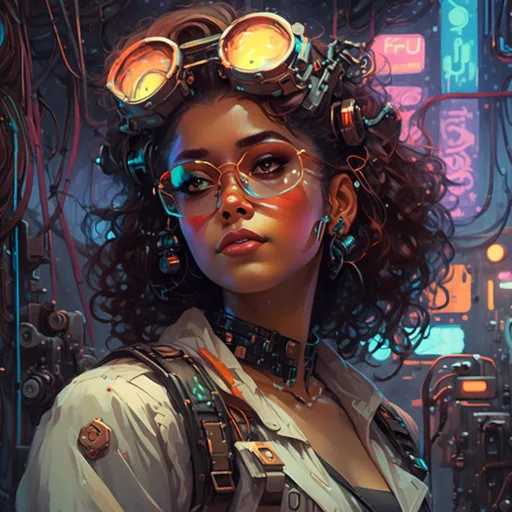 Prompt: A <mymodel> portrait artwork
, A nerdy and muscly mechanic 
, atompunk  pin-up 
, looking like Zendaya and Janelle Monae
, 


, a gloomy jukyard scrapyard 
, full of multicolored neon circuitry glowing in the   darkness

, a stunning Alphonse Mucha's masterpiece in  sci-fi retro-futuristic art deco artstyle by Anders Zorn and Joseph Christian Leyendecker

, neat and clear tangents full of negative space 

, ominous dramatic lighting with detailed shadows and highlights enhancing depth of perspective and 3D volumetric drawing

, a  vibrant and colorful high quality digital  painting in HDR