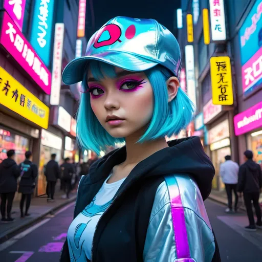 Prompt: Liquid metal Harajuku girl with vibrant colors, a squirtle cap hat, futuristic fashion, neon-lit streets, anime, cyberpunk, metallic sheen, colorful hair, edgy makeup, urban setting, highres, vibrant colors, cyberpunk, liquid metal, anime, futuristic, neon-lit streets, vivid and vibrant, metallic sheen, edgy makeup, urban setting, high quality