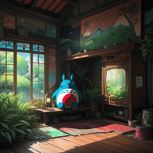 Prompt: studio ghili scene of graffiti in house spirited away combined with totoro 