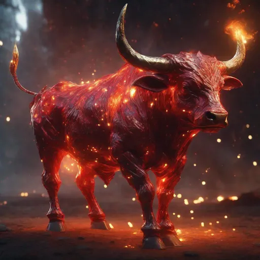Prompt: A red dwarf bull humanoid made of the element fire with beautiful features surrounded by glowing embers, highly detailed painting, photorealistic, sparkles, magical atmosphere, 8k