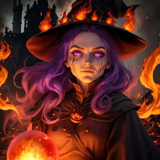 Prompt: fire witch face with small  number of flames on her cheeks holding a purple orb, background a burned castle