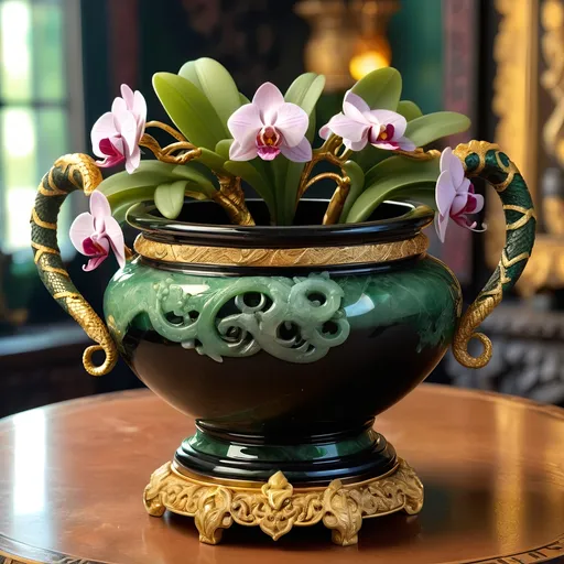 Prompt: Onyx and jade pot, gold serpent handles, ancient mystical artifact, detailed carvings, luxurious material, high quality, fantasy, antique style, rich green and black tones, dramatic lighting, intricate details, orchids inside