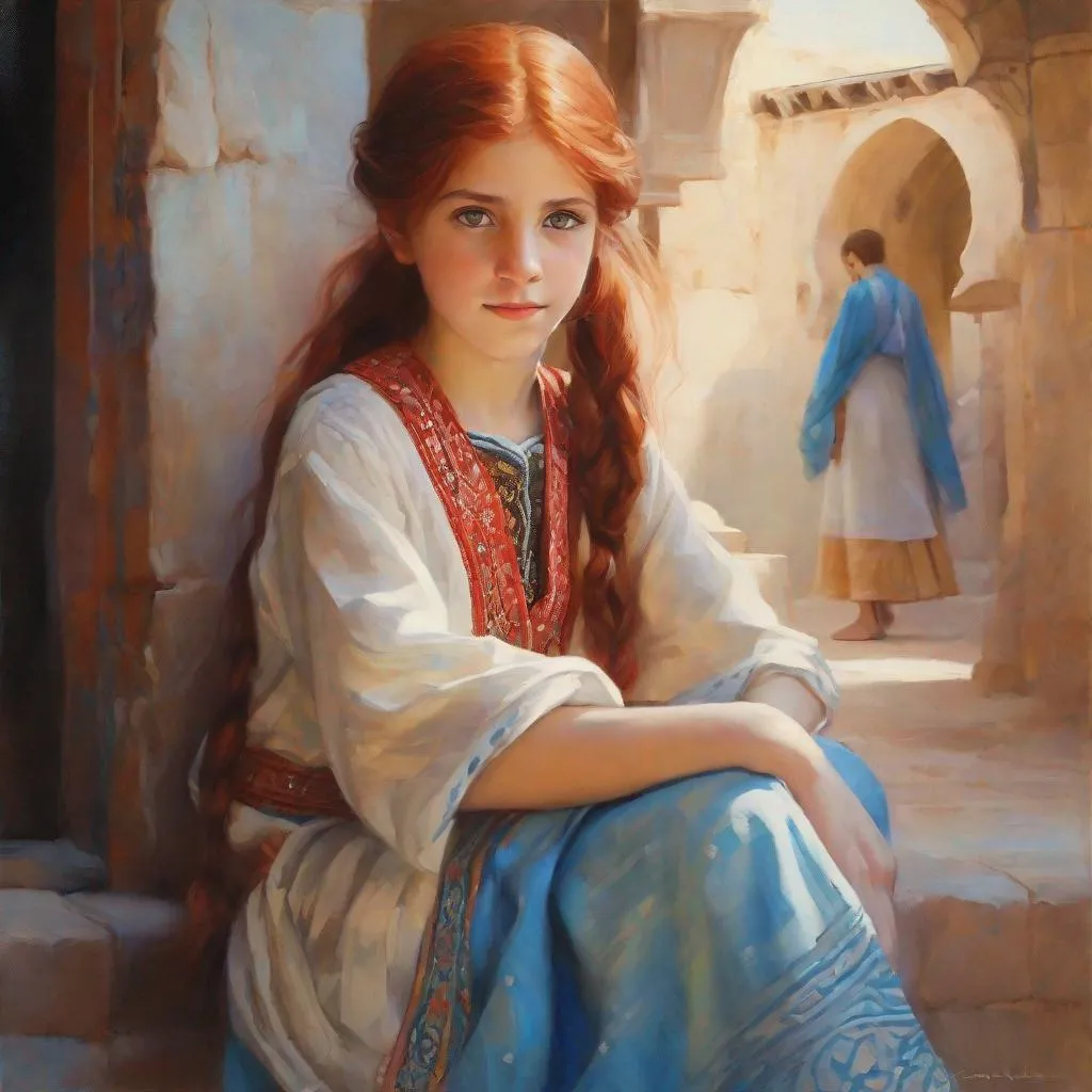Prompt: A 13 years old Syrian girl, pale skin, red hair, pigtails, blue eyes, traditional Syrian dress, Old Damascus, photorealistic, extremely detailed painting by Greg Rutkowski by Steve Henderson