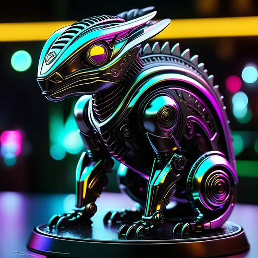 Prompt: small chameleon mech, metallic and sleek design, futuristic sci-fi style, intense black and silver color scheme, sparkling neon lights, miniature scale, highres, ultra-detailed, sci-fi, futuristic, metallic sheen, intense color scheme, miniature scale, neon lights, detailed design, professional, atmospheric lighting