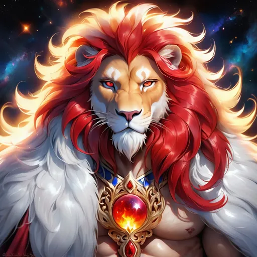 Prompt: wizard lion with {white fur} and {ruby red eyes}, senior male lion, fire element, flame, Erin Hunter, gorgeous anime portrait, beautiful cartoon, 2d cartoon, beautiful 8k eyes, elegant {red fur}, pronounced scar on chest, fine oil painting, modest, gazing at viewer, beaming red eyes, glistening red fur, low angle view, zoomed out view of character, 64k, hyper detailed, expressive, timid, graceful, beautiful, expansive silky mane, deep starry sky, golden ratio, precise, perfect proportions, vibrant, standing majestically on a tall crystal stone, hyper detailed, complementary colors, UHD, HDR, top quality artwork, beautiful detailed background, unreal 5, artstaion, deviantart, instagram, professional, masterpiece