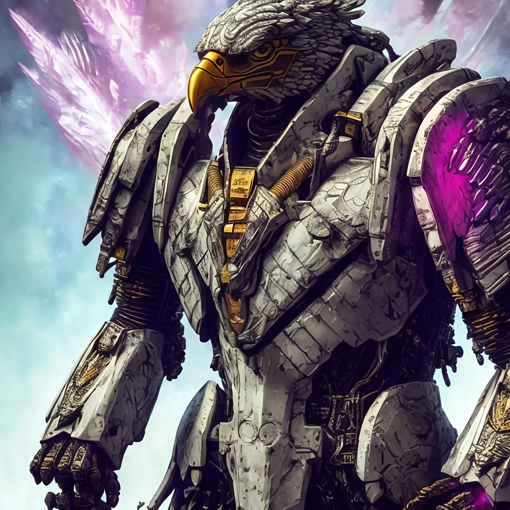 Prompt: Poster art, high-quality high-detail highly-detailed breathtaking hero ((by Aleksi Briclot and Stanley Artgerm Lau)) - ((a Eagle)),  detiled eagle mech suit, 8k ivory and magenta helmet, highly detailed eagle head helmet, add some baby blue, glowing chest emblem ,carbon fibre helmet, mech armor, detailed feathers, queen of the eagles, detailed ivory mech suit, full body, black futuristic mech armor, wearing mech armour suit, 8k,  full form, detailed forest wilderness setting, full form, epic, 8k HD, ice, sharp focus, ultra realistic clarity. Hyper realistic, Detailed face, portrait, realistic, close to perfection, more black in the armour, 
wearing blue and black cape, wearing carbon black cloak with yellow, full body, high quality cell shaded illustration, ((full body)), dynamic pose, perfect anatomy, centered, freedom, soul, Black short hair, approach to perfection, cell shading, 8k , cinematic dramatic atmosphere, watercolor painting, global illumination, detailed and intricate environment, artstation, concept art, fluid and sharp focus, volumetric lighting, cinematic lighting, 
