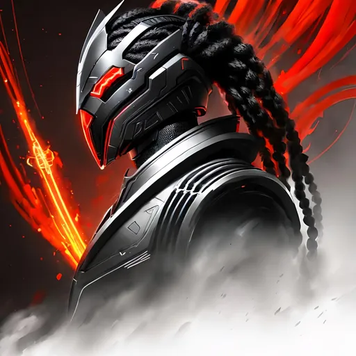 Prompt: lean black male with long braided hair and a scarred face, wearing silver biomechanical warframe armor. he is surrounded by glowing red mist. Behance HD, airbrush art