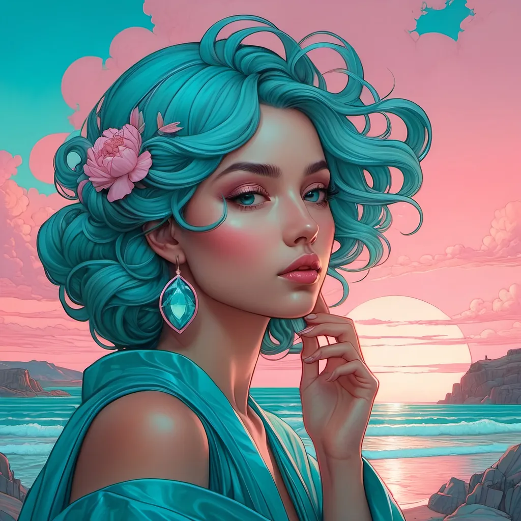 Prompt: muted pink sky and blue aqua sisyphean miracle minimalist emotionally impactful beauty in a surreal pop art style whispering in quirky fun casey weldon mucha davinci and guweiz illustration painting